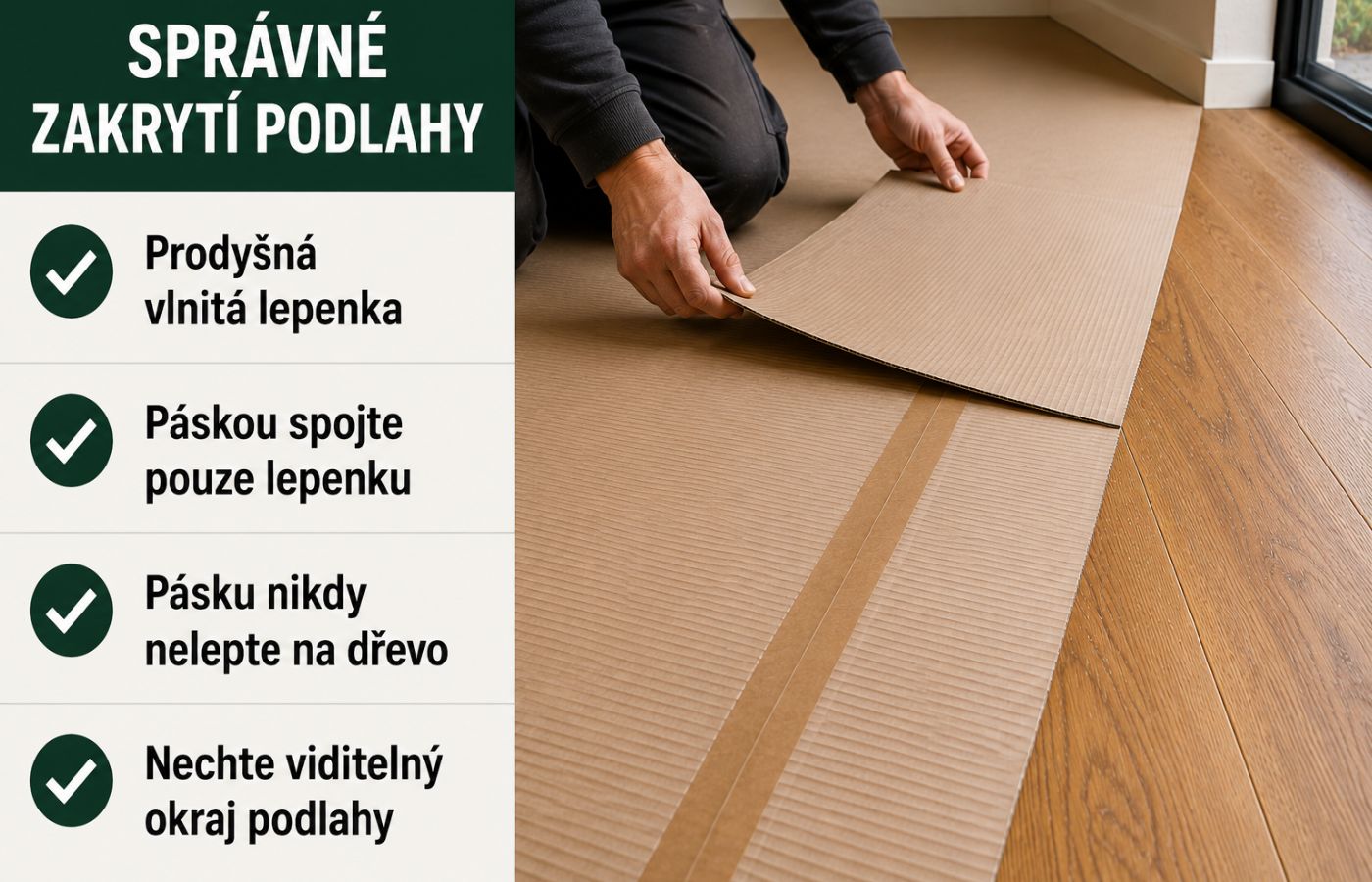 Dubová podlaha zakrytá prodyšnou vlnitou lepenkou bez pásky nalepené na dřevě